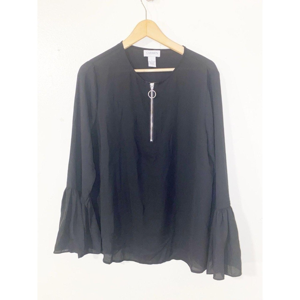 Carmen Marc Valvo Top Women Black Half Zip Bell Sleeves Size Large